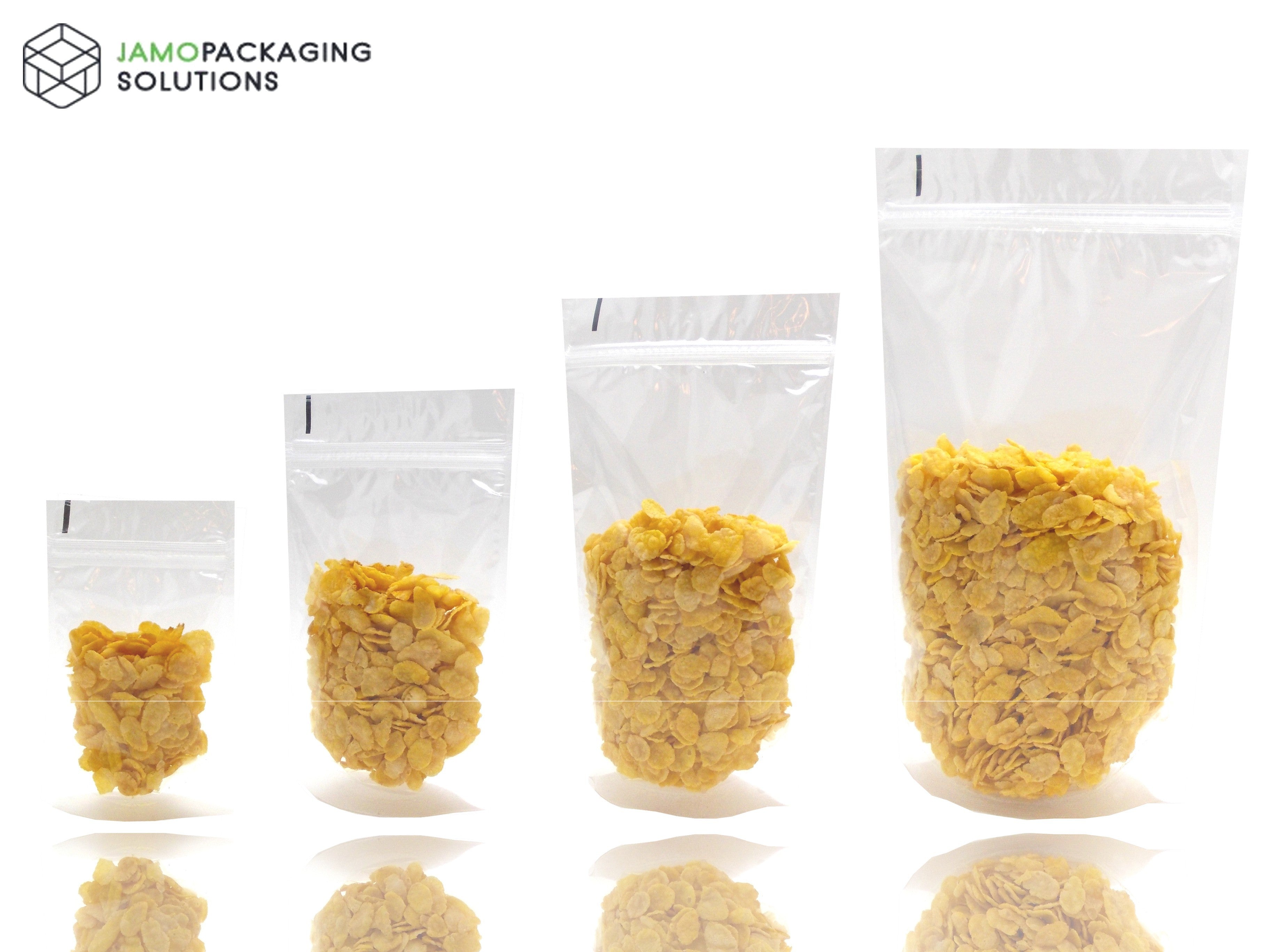 TRANSPARENT/CLEAR STAND UP POUCH with ZIP LOCK/GRIP HEAT SEAL 100/250/500/750 ml