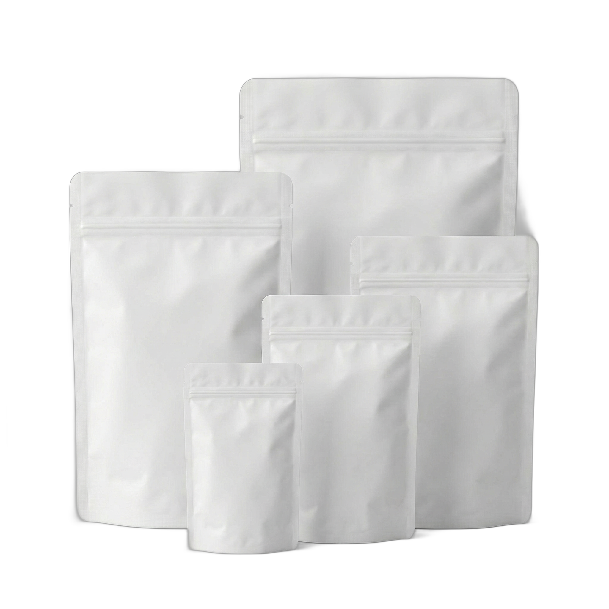 White Aluminium Foil Matt Stand Up Pouch with Zip Lock and Tear Notch