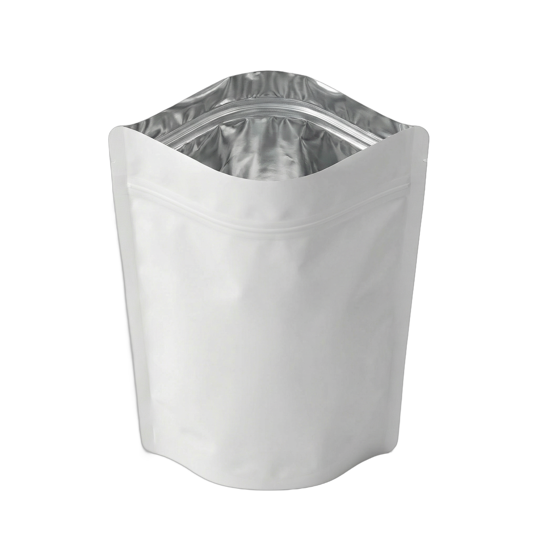 White Aluminium Foil Matt Stand Up Pouch with Zip Lock and Tear Notch